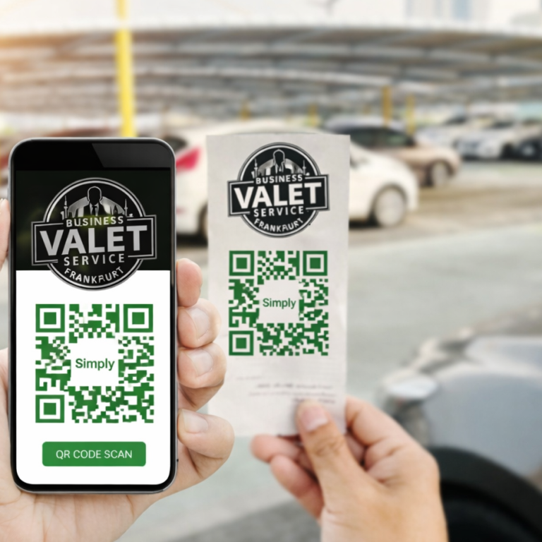JETZT TERMIN RESERVIEREN Smartphone und Parkticket mit QR-Code für Valet-Service vor Parkhaus.